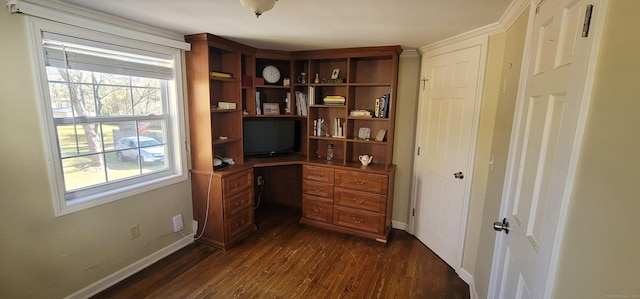 home office with dark hardwood / wood-style flooring