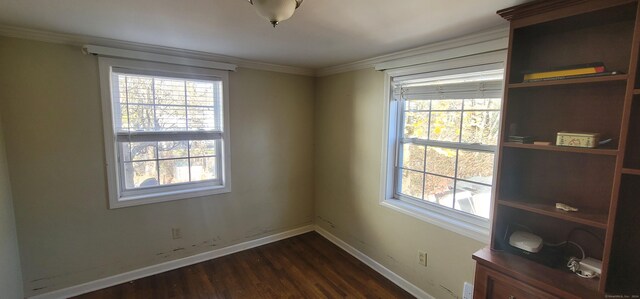 spare room featuring ornamental molding, dark wood-type flooring, and a wealth of natural light