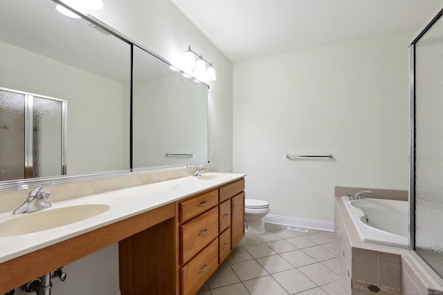 full bathroom featuring tile patterned floors, plus walk in shower, vanity, and toilet