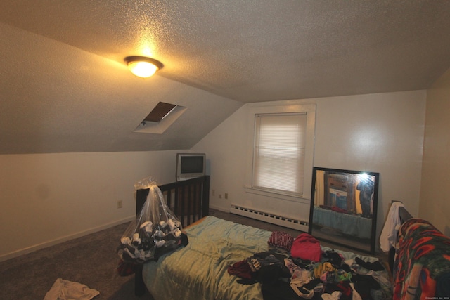 bedroom featuring vaulted ceiling, carpet, a baseboard radiator, and a textured ceiling