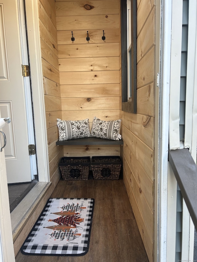 interior space with hardwood / wood-style flooring, built in features, and wooden walls