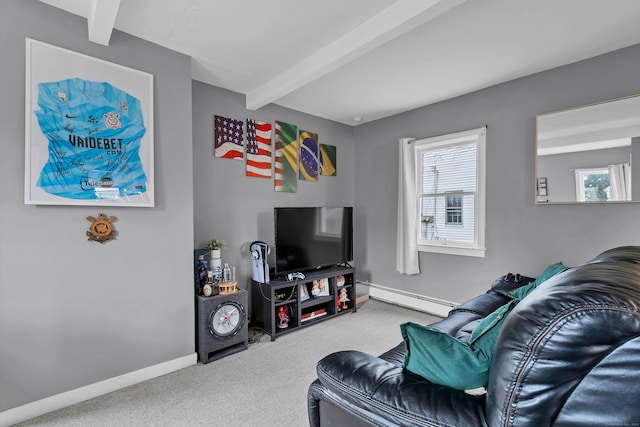 carpeted living room featuring beam ceiling and baseboard heating