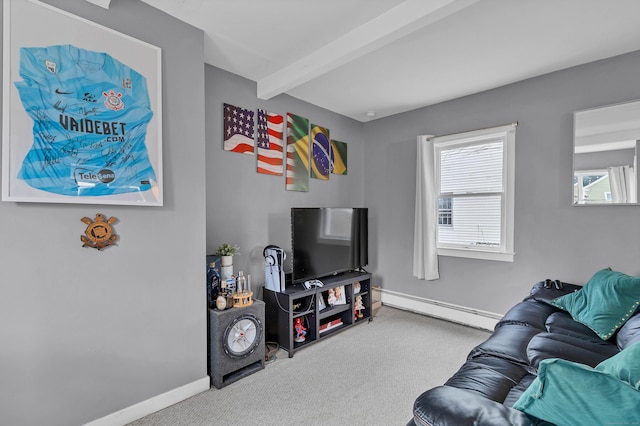 carpeted living room with beamed ceiling and a baseboard radiator