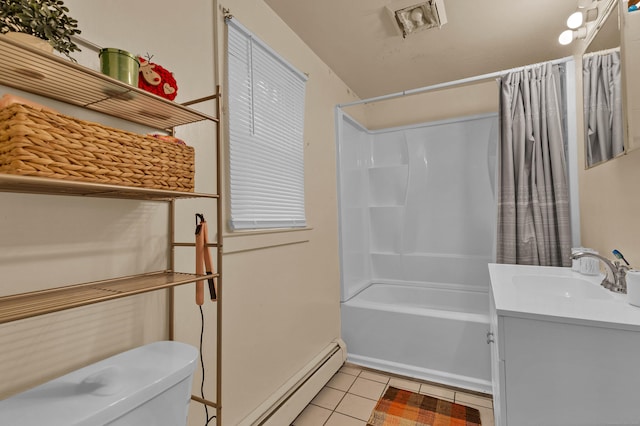 full bathroom featuring vanity, a baseboard radiator, shower / bathtub combination with curtain, tile patterned flooring, and toilet