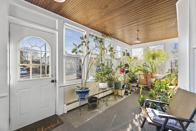 unfurnished sunroom with wooden ceiling and a baseboard radiator