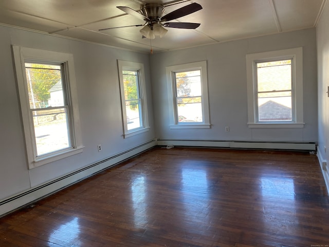 spare room featuring a wealth of natural light, dark hardwood / wood-style flooring, and ceiling fan