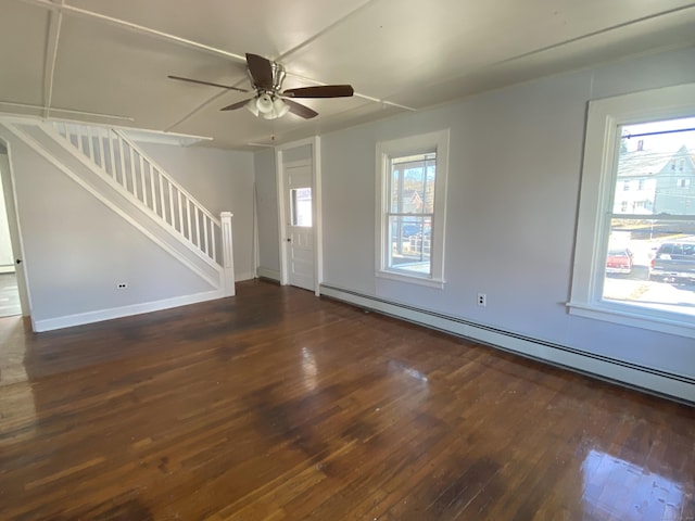 625 N Main St, Norwich, CT 06360 - unfurnished living room featuring stairway, wood-type flooring, baseboard heating, and ceiling fan
