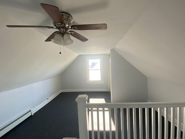 additional living space featuring carpet flooring, ceiling fan, a baseboard radiator, and lofted ceiling