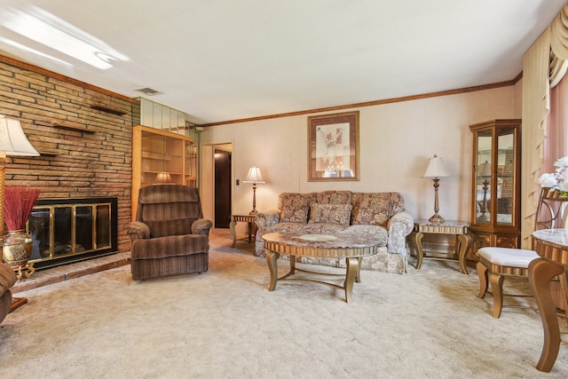 living room featuring carpet floors, a brick fireplace, and crown molding