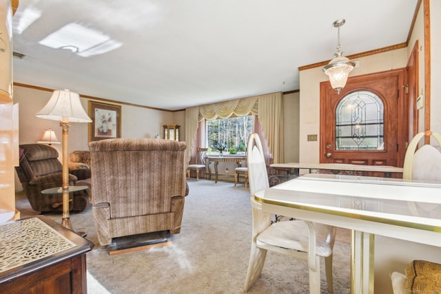 carpeted living room featuring ornamental molding