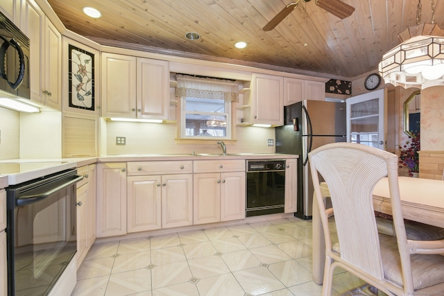 kitchen featuring ceiling fan, sink, wood ceiling, and black appliances