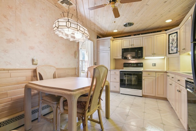 kitchen featuring black appliances, ceiling fan, wood ceiling, and a baseboard heating unit