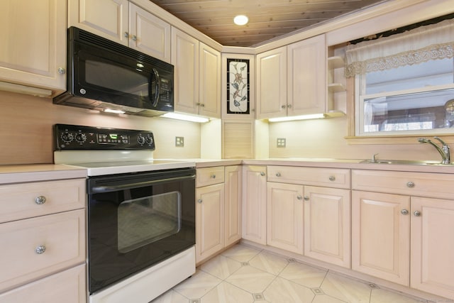 kitchen with sink, wooden ceiling, and white electric stove