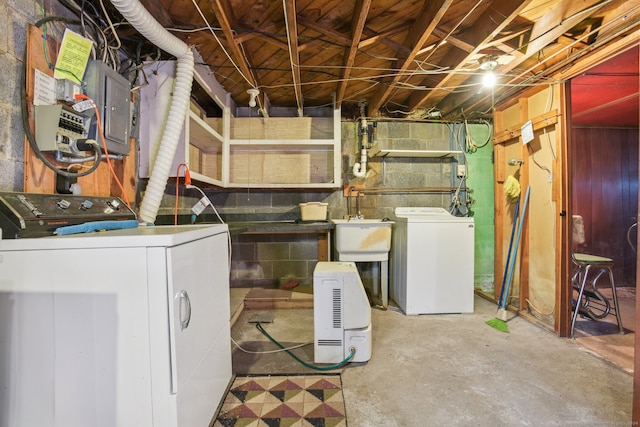 basement with separate washer and dryer, sink, and electric panel