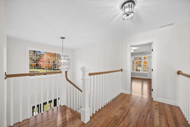 hallway featuring wood-type flooring, a wealth of natural light, and a chandelier