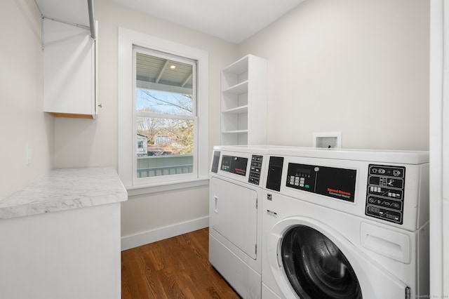 laundry room featuring independent washer and dryer and dark wood-type flooring