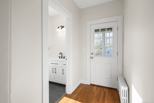 doorway to outside featuring radiator, dark wood-type flooring, and sink