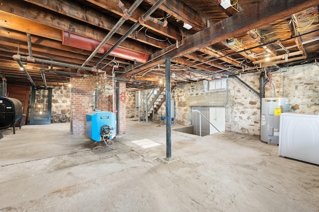 46 Lyme St, Old Lyme, CT 06371 - basement with water heater, oil tank, stairway, washer / clothes dryer, and a heating unit