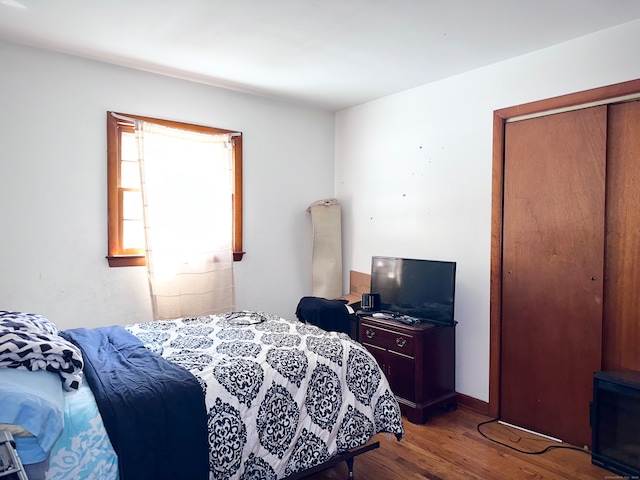 bedroom with a closet and light hardwood / wood-style flooring