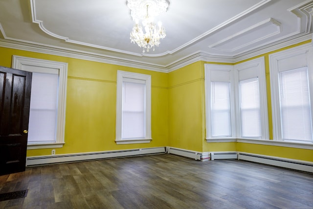 unfurnished room featuring dark hardwood / wood-style floors, ornamental molding, baseboard heating, and a chandelier