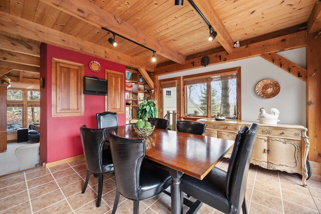 dining space with rail lighting, wooden ceiling, and a healthy amount of sunlight