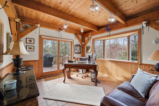 office space with beam ceiling, rail lighting, plenty of natural light, and wood ceiling