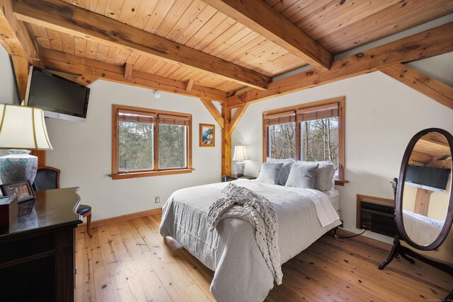 bedroom with beam ceiling, wooden ceiling, and light hardwood / wood-style floors