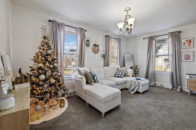 carpeted living room with a notable chandelier