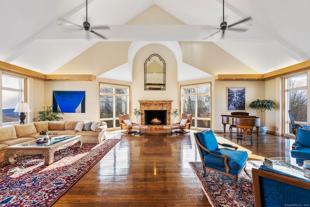 living room with ceiling fan, dark hardwood / wood-style flooring, and high vaulted ceiling