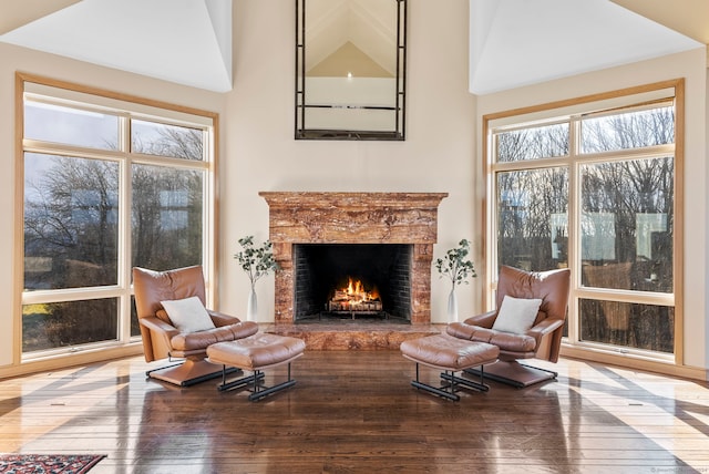 sitting room with plenty of natural light, a towering ceiling, and wood-type flooring