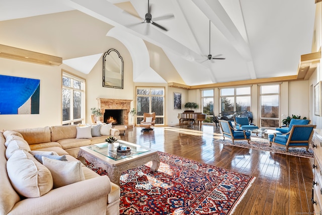 living room featuring hardwood / wood-style flooring, high vaulted ceiling, and a wealth of natural light