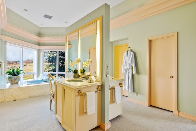 interior space with sink, light colored carpet, and light stone counters