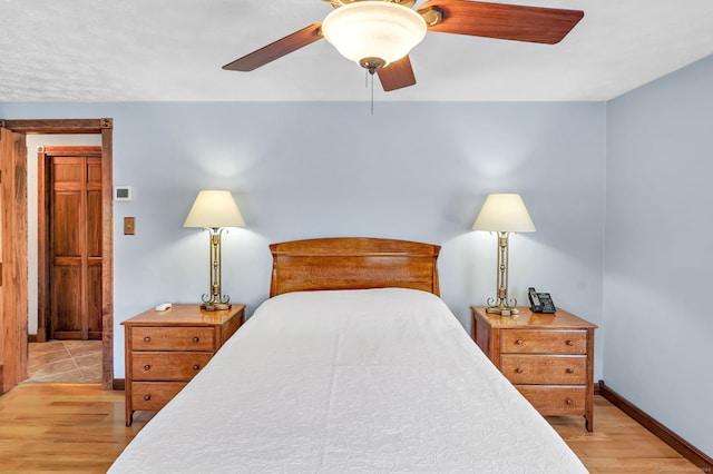 bedroom with ceiling fan and light wood-type flooring