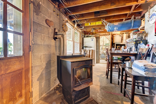 basement with a wood stove