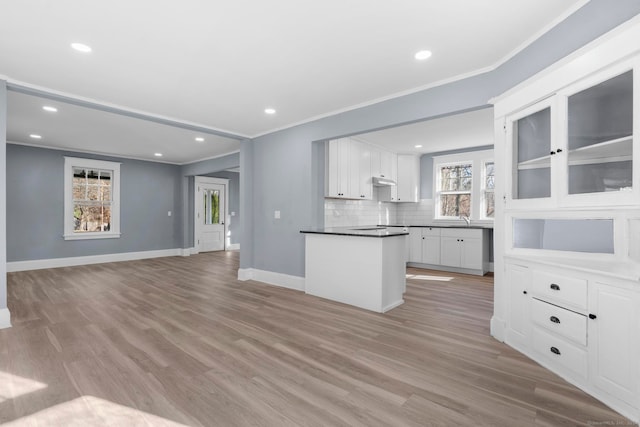 kitchen with white cabinetry, crown molding, and light hardwood / wood-style flooring