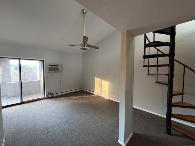 unfurnished living room with a wall unit AC, ceiling fan, dark carpet, and baseboard heating