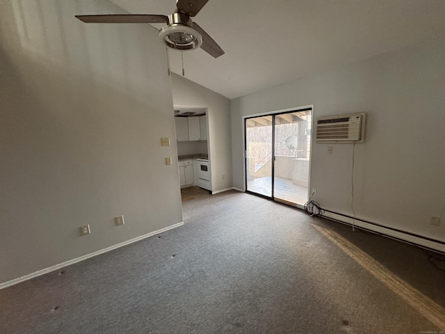 carpeted empty room featuring a wall unit AC, ceiling fan, lofted ceiling, and baseboard heating