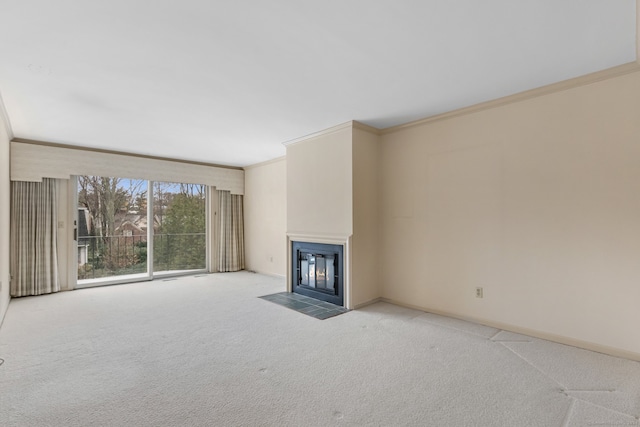 unfurnished living room with light colored carpet and ornamental molding