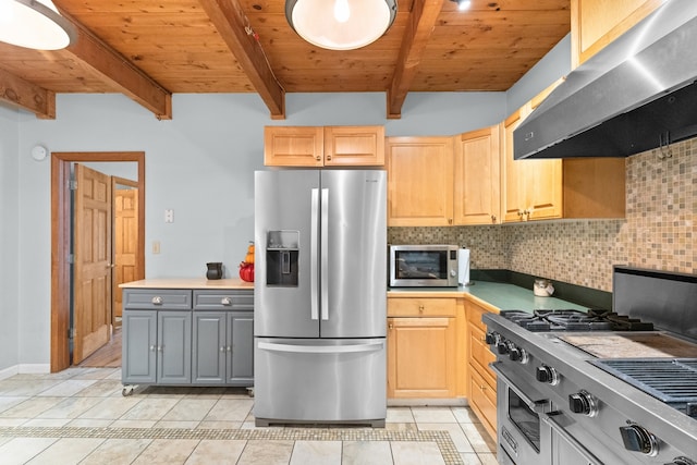 kitchen with beam ceiling, gray cabinetry, range hood, decorative backsplash, and appliances with stainless steel finishes