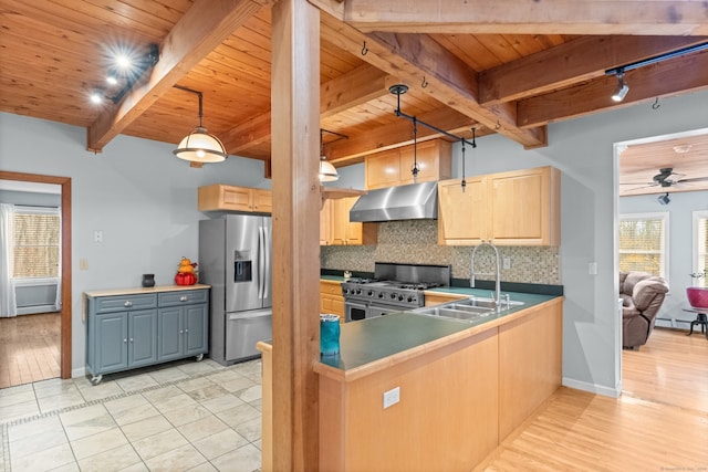 kitchen with light brown cabinets, sink, wooden ceiling, decorative light fixtures, and appliances with stainless steel finishes