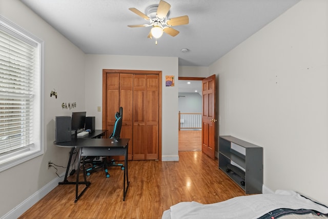 bedroom featuring ceiling fan, light hardwood / wood-style floors, and a closet