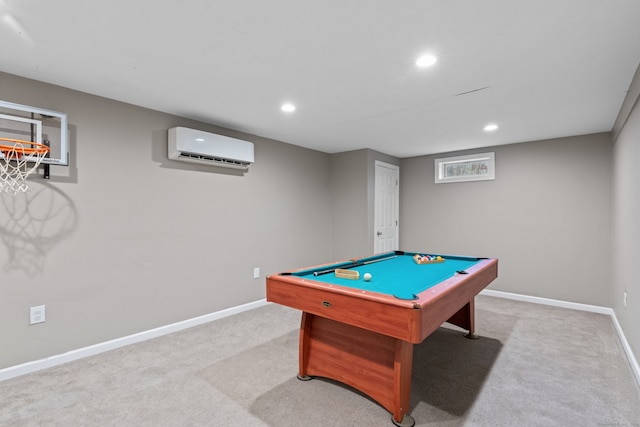 rec room with light carpet, a wall mounted AC, and billiards