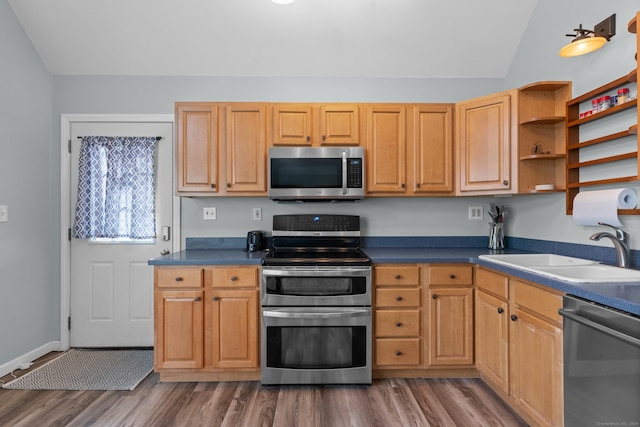 kitchen featuring hardwood / wood-style floors, lofted ceiling, sink, and appliances with stainless steel finishes