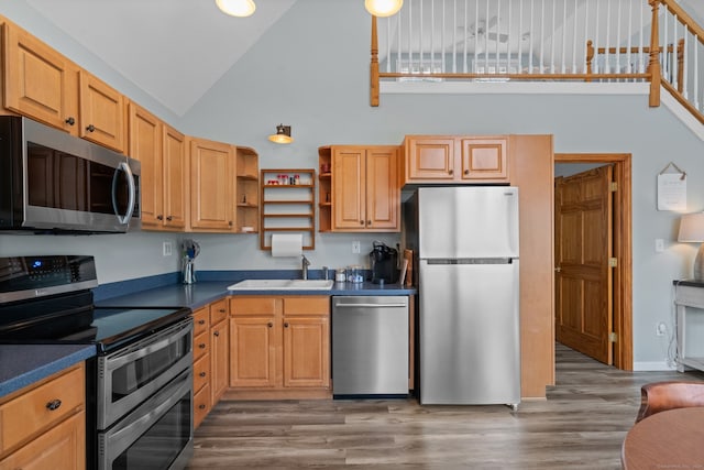 kitchen with light brown cabinets, high vaulted ceiling, sink, appliances with stainless steel finishes, and wood-type flooring