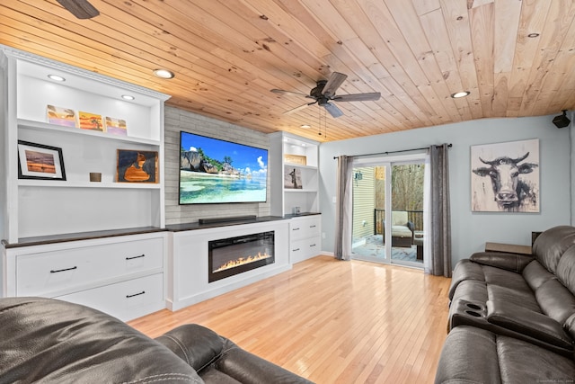 living room featuring built in shelves, ceiling fan, light hardwood / wood-style flooring, wooden ceiling, and lofted ceiling