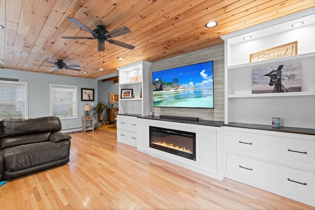 living room with ceiling fan, light hardwood / wood-style floors, and wooden ceiling