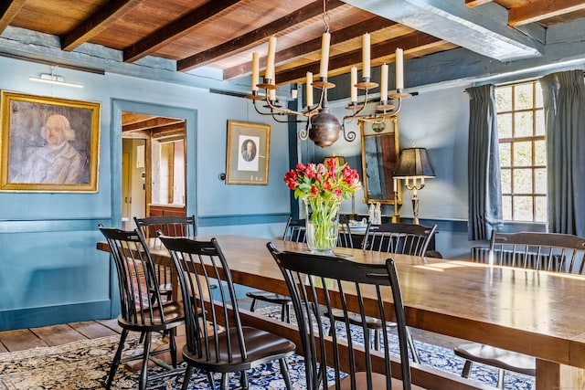 dining room featuring a chandelier, beam ceiling, and wooden ceiling