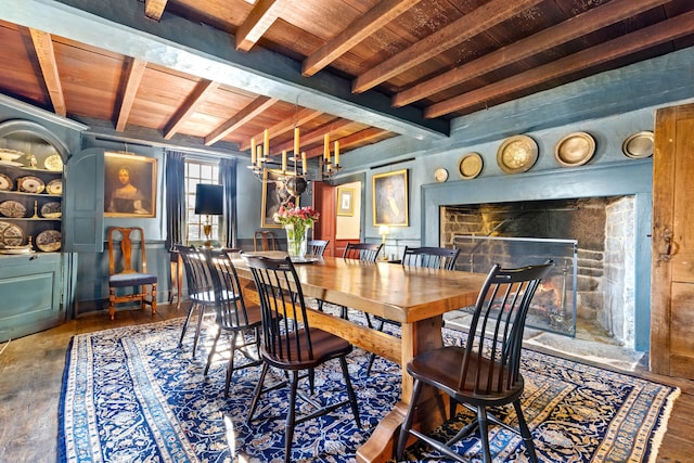 dining room featuring beam ceiling, wooden ceiling, a notable chandelier, hardwood / wood-style floors, and a fireplace