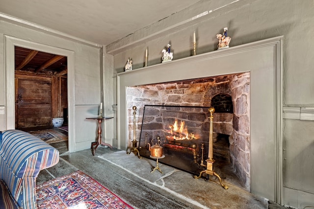 details with a stone fireplace