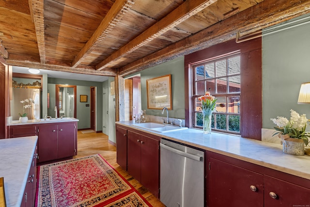 kitchen featuring wood ceiling, sink, beamed ceiling, dishwasher, and light hardwood / wood-style floors